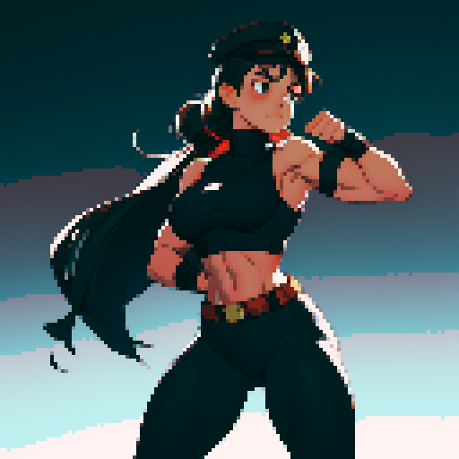 full-body image, muscle girl, female, thick biceps, big shoulders, big fists, muscular physique, thick waist, facing left, ready to fight, exaggerated proportions, black military uniform, black hat, military backdrop, sRGB, pixel art, no background, no backdrop, facing left, fists raised, ready to fight