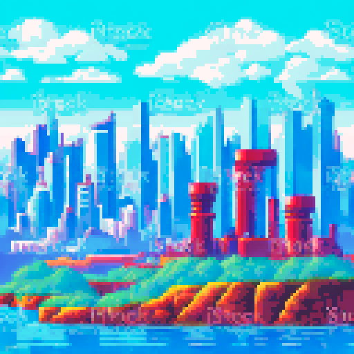 A city from the side, with a skyline, retro game