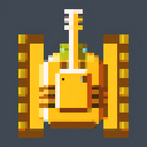 upgraded tank, top-view, game sprite, 32x32 pixel art, sRGB, 2d game art, close up, yellow main color, single turret, intimidating cannons, tracks, tranparent background, game sprite, symmetry