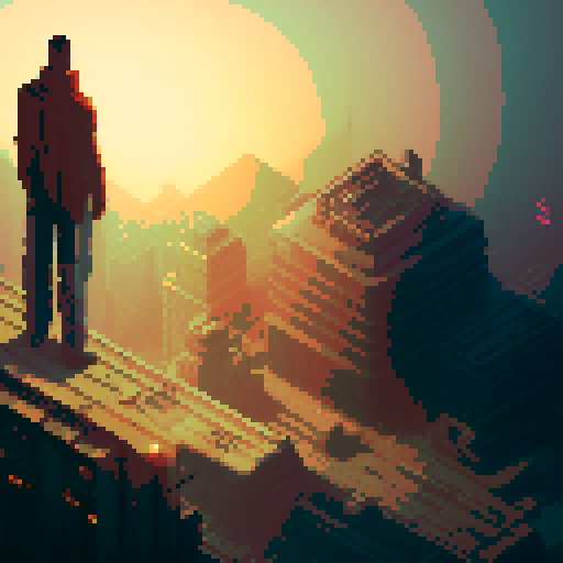 Sniper perched on Blade Runner-esque rooftop in post-apocalyptic world, pixelated skyline in background with muted sRGB colors.
