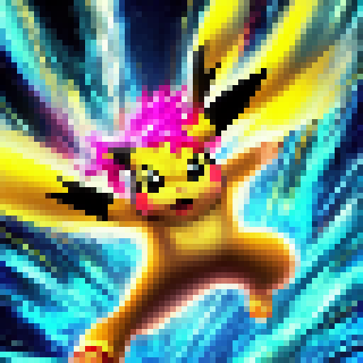 Electric sparks fly as Pikachu charges up a powerful kamehameha attack, surrounded by vibrant colors and anime-style action.