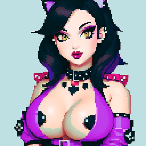 curvy, cute goth cat girl face, black hair, purple eyeshadow, red lipstick, studded leather, face portrait, glamour shot, vibrant sRGB colors, pixel art