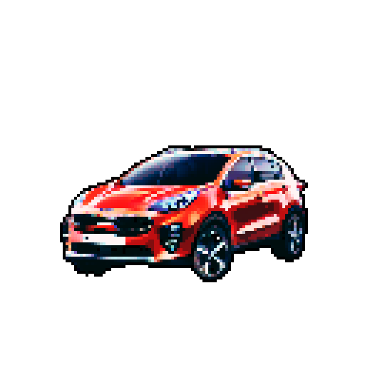 Photorealistic, centered Kia Sportage in a three quarter view, right wheel in front, clean background, pixel art style with sRGB colors