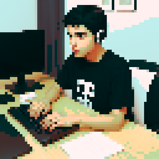 A young man with brown eyes and black hair is playing a game on a computer. He wears a white short-sleeved t-shirt and has Bluetooth headphones in. There's a steaming cup of tea beside him. His keyboard , mouse and the computer is relatively new. He has only one monitor, keyboard, and mouse. His face is focused on the screen.