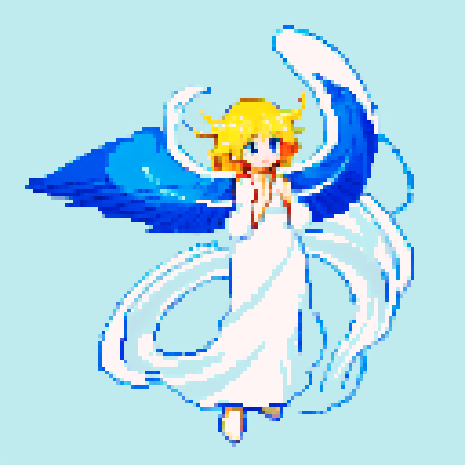 
Beautiful, ethereal angel with shimmering wings and flowing, liquid-like chrome body, rendered in minimalist pixel art with vibrant, dazzling sRGB colors. Big anime eyes. Visible nose. 