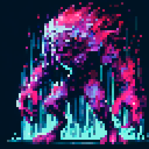 intimidating dark purple humanoid demon with many eyes, glitchy aura, fantasy RPG