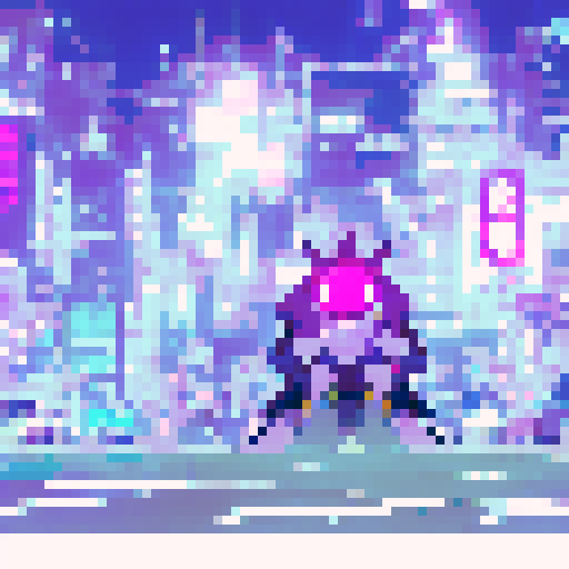 A purple-haired, robotic cat with glowing eyes stands on a neon-lit street corner surrounded by towering skyscrapers and flickering holographic billboards, while a group of teenagers in futuristic streetwear look on in awe