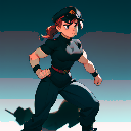 full-body image, muscle girl, female, thick biceps, big shoulders, big fists, muscular physique, thick waist, facing left, ready to fight, exaggerated proportions, black military uniform, black hat, military backdrop, sRGB, pixel art, no background, no backdrop, facing left, fists raised, ready to fight