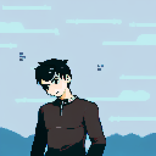 Indian boy with a slightly pointed chin and a warm, friendly smile, warm and medium-tan complexion, large and dark brown eyes with long, dark eyelashes, thick and dark brown eyebrows with a slight arch, medium-sized and slightly rounded nose, wide and expressive mouth with slightly upturned corners, short and black hair with a slight wave, character portrait, close up, anime style, pixel art