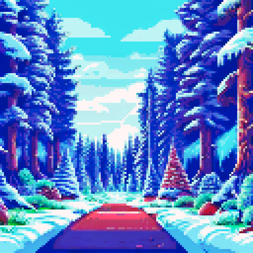 A snow covered winter forest, comprised of numerous tall spruce trees surrounding a clearing, a warm and quaint cottage rests in the center of the clearing, warm light shines through its windows casting light onto the snowy ground outside.