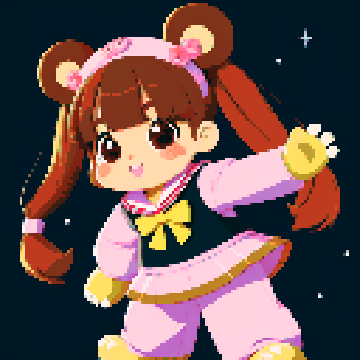 This image features a stylized bear inspired by retro 1995 anime, in a chibi art style. The bear has, expressive black eyes and a cute, brown skin. The hair is styled in long twin pigtails, accented with pink and gold ribbons, matching the color theme of the outfit, which includes a sailor-style collar and a pink bow. This bear has a mascot pose. The background depicts a wild magic night with shining stars and a dark waterfall. This is a typical example of how popular anime characters