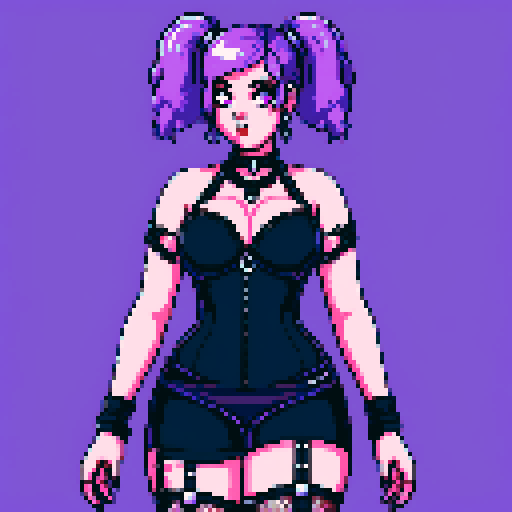 Face Portrait of Thicc, curvy, busty goth babe with studded collar, long purple hair in buns, fishnet stockings, studded halter top, pixel art, sRGB.
