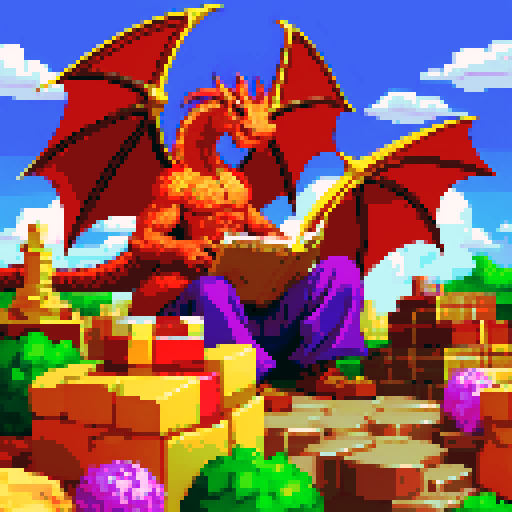 librarian dragon surrounded by treasure