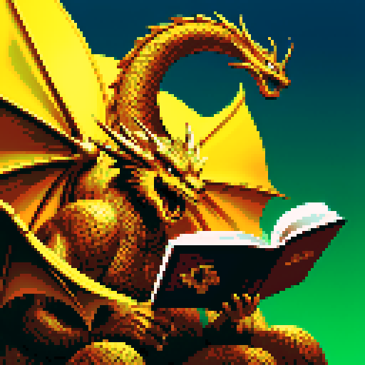 reading dragon surrounded by treasure