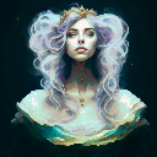 Create a close-up image of a mermaid with a crown, partially submerged underwater. Half of her face is above the water's surface, revealing her beautiful features. The underwater portion of her face should show her aquatic beauty, with the serene, mysterious ambiance of the ocean surrounding her. The crown should have an ethereal, shimmering quality, adding to her majestic presence.