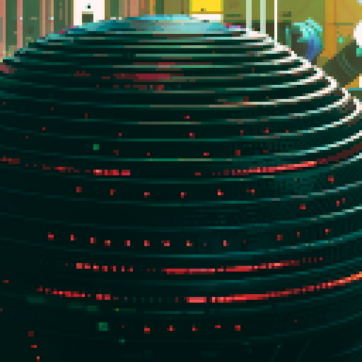 robot ai, futuristic, metallic, glowing, neon colors, grid pattern, low resolution, retro, 8-bit, dithering, vibrant, pixelated