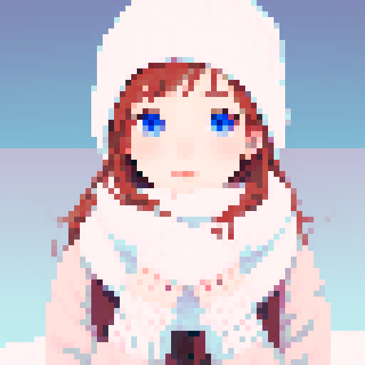portrait, sprite art, young woman, cute, soft eyes, autistic, cozy winter, white scarf, shy, timid