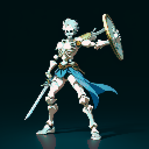 A full body skeleton warrior holding a sword and shield