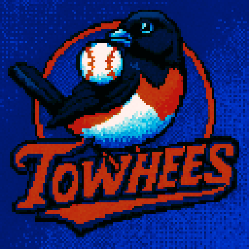 Pixel art of a fictional baseball team called the Towhees. Bold colors, sharp outlines, and soft pixel shading. The logo design mimics 80s MLB logos. Use a vibrant Sega Genesis 16-bit style with selective dithering, geometric forms, and nostalgic retro charm. Avoid modern gradients—keep it pure pixel art.