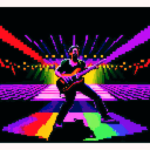 Bruce Springsteen silhouette, bold black lines, vibrant colors, pixelated style, sRGB palette, energetic stage presence, iconic guitar stance, dynamic pixel art rendition, nostalgic 8-bit graphics, electric atmosphere, captivating stage lighting, pixel-perfect details, retro video game vibes, crowd cheering, pulsating rock music, powerful lyrics