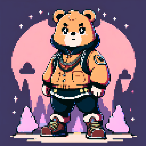 A graphic depiction of a chubby puffy bear in retro 1995 anime style, chibi form, pixel art, half body, ellipse head,with black puppet eyes and brown fur, styled with long twin pigtails. character is standing close to the camera. Wearing magical clothes with intricate belts and patches. Background of a wild magic night with a dark waterfall and bright stars. Created Using: classic anime aesthetics, detailed magical garments, enchanting night setting