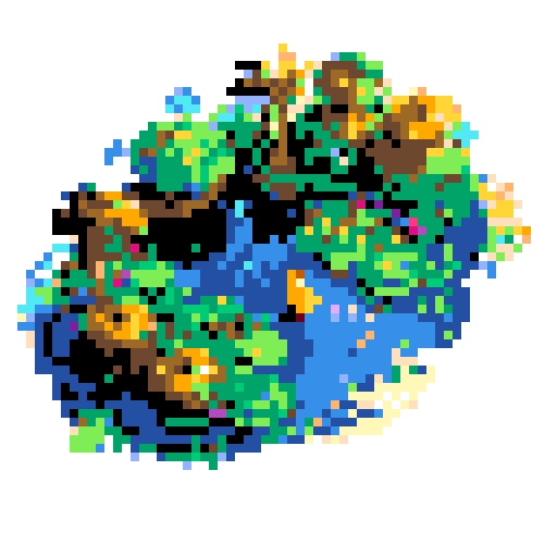 yellow duck in a pond, surrounded by lush greenery and reflecting sunlight in a serene pond with shimmering ripples and pixelated waves, creating a tranquil atmosphere in a picturesque landscape with vibrant colors using intricate pixel art in the sRGB palette