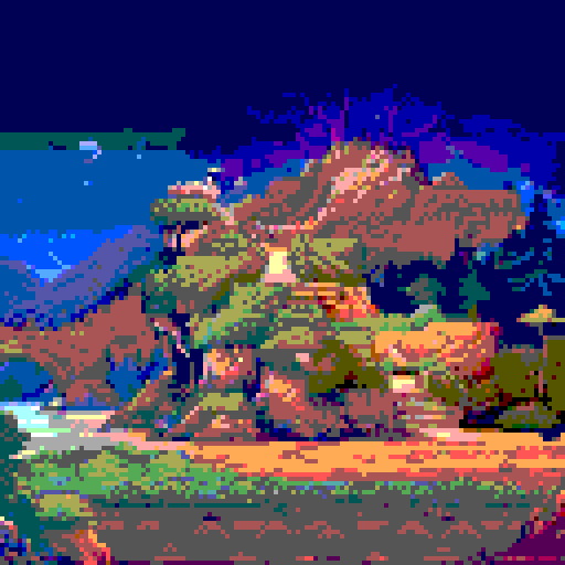 cliff in a dense green wood at night, stars shining, wolf pack