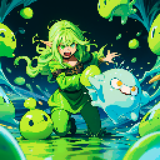 slime surging up around someone, slime engulfing a hero, slime consuming a hero, hero getting engulfed by slime, slime attack, dynamic, slime slamming into someone, impact, splashing slime, full-body image, full-body art