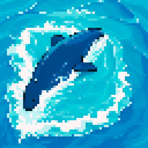 cute whale swimming in a vibrant, pixelated ocean with shades of blue and green