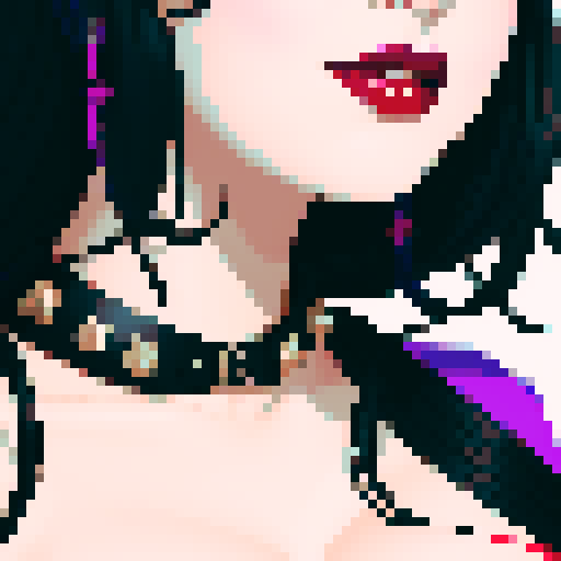 curvy, busty goth, cute goth woman's face, black hair, purple eyeshadow, red lipstick, studded leather string bikini, face portrait, beauty photo, vibrant sRGB colors, pixel art