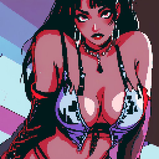 busty goth girl, with black hair, black eyeshadow and red lipstick. wearing bikini and  studded collar, glamour shot, vibrant srgb colors, edgy aesthetic