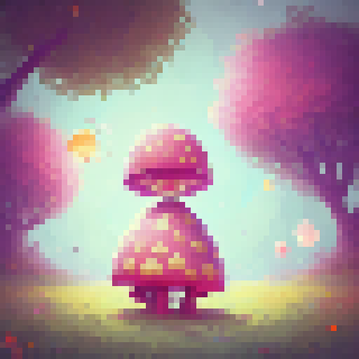 "Create a vibrant and whimsical image of a tiny, rosy-cheeked chibi anime character, standing on a single, oversized mushroom in an enchanting forest filled with sparkling fireflies and lush greenery, rendered in a charmingly retro pixel art style."