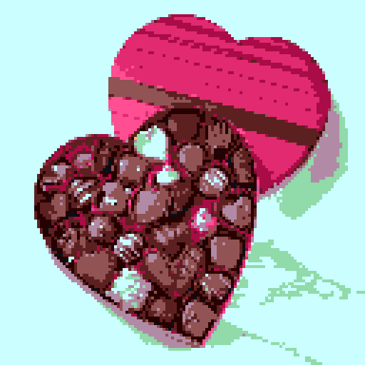 Box of Valentine's Day chocolates, specifically shaped like cupcakes with intricate details such as pink frosting and decorative toppings. Charming and romantic theme. The cupcakes within the box should exhibit a variety of delightful designs, no background, pixel art.