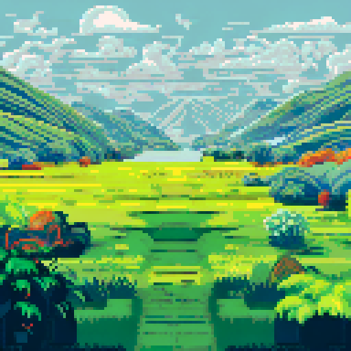 Lush, green landscape with high-tech elements, rendered in sRGB pixel art style