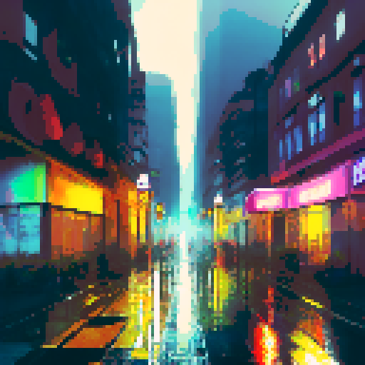 rain-soaked streets, towering skyscrapers, vibrant neon lights, cascading water droplets, misty reflections, umbrella-clad pedestrians, foggy silhouettes, glistening pavement, moody atmosphere, dramatic cityscape