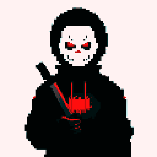 Michael Myers, dark silhouette, looming presence, blood-red eyes, pixelated horror, sRGB color palette, chilling atmosphere, knife-wielding figure