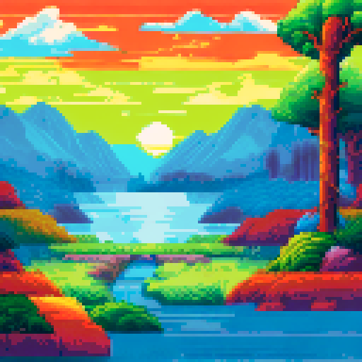 a serene landscape of trees and water, and a sunrise. use of colors of red blue yellow and green.