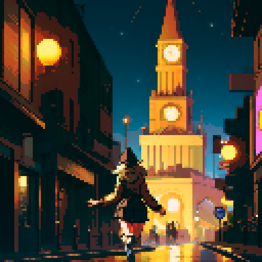 Night city street light background, young girl, brown jacket, beige hat, running, turn back, view from the back