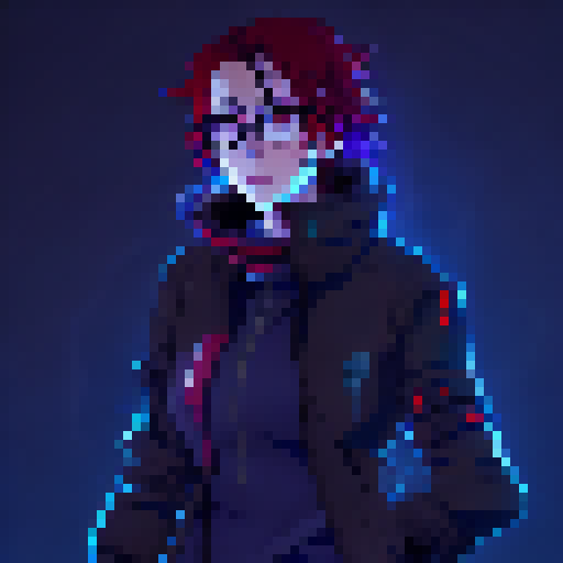 waifu, glasses , red hair , anime style, full body, with sword, blue and black neon background