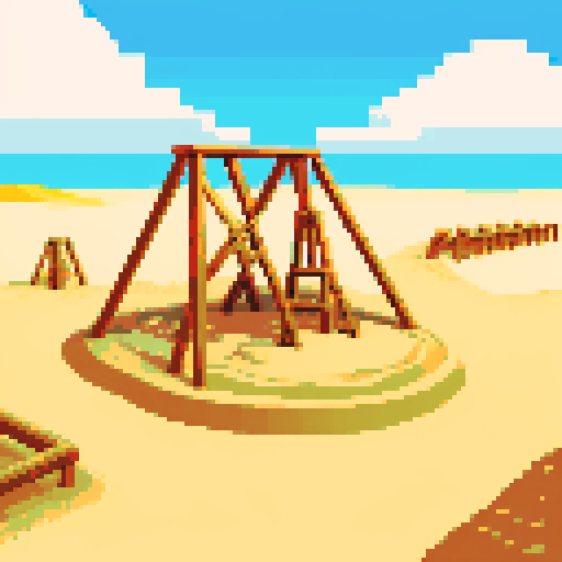sand pit filled with quicksand, platforms with crude giant slingshots, clear and bright weather, pixel art, sRGB