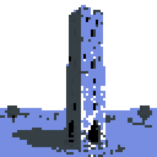 2d stone tower in an ancient english style. Old and crumbling but still upright. Usable as an asset (clear, thick lines and a white background). Put a black stroke around the composition