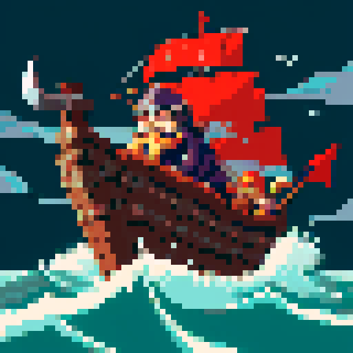 Viking warrior sailing on a longship, fierce and bearded, with a horned helmet, holding a battle axe, amidst stormy waves, in vibrant pixel art with sRGB colors