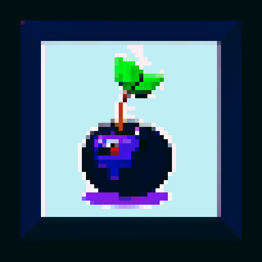 blueberry art frame, purple, pixelated fruits in vibrant colors, void inside, dark background, sRGB