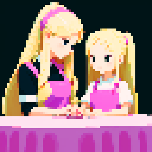 A nail tech with long blonde hair wearing a pink apron and a girl with black hair facing each other at a table in a nail salon.