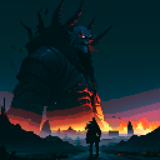 Dark landscape. Post apocalypse. Evil giant monster in the distance.