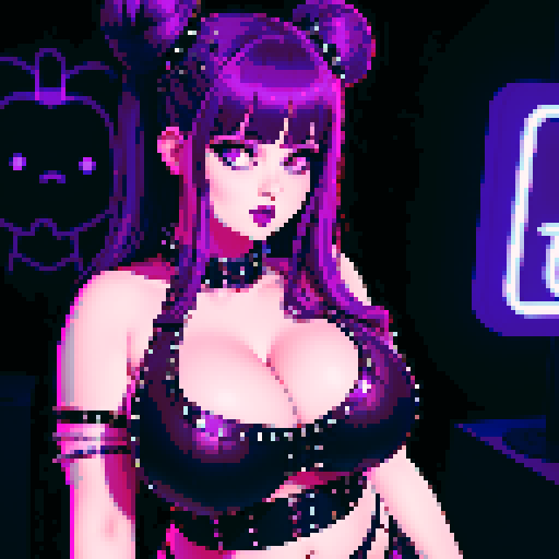 Thicc, curvy, busty goth babe with studded collar, long purple hair in buns, fishnet stockings, studded halter top, posing for photo in nightclub.  neon signage, sRGB