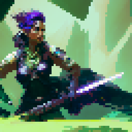 female warrior, with vibrant green hair, wielding a futuristic high tech weapon