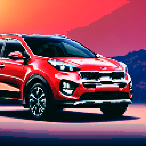 Photorealistic, centered Kia Sportage in a three quarter view, right wheel in front, clean background, pixel art style with sRGB colors