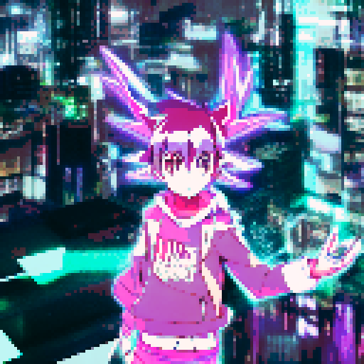 "An INTJ genius hacker with neon green hair, wearing a leather cyberpunk outfit, types furiously on a holographic keyboard in a futuristic city, surrounded by glowing lines of code in anime style."