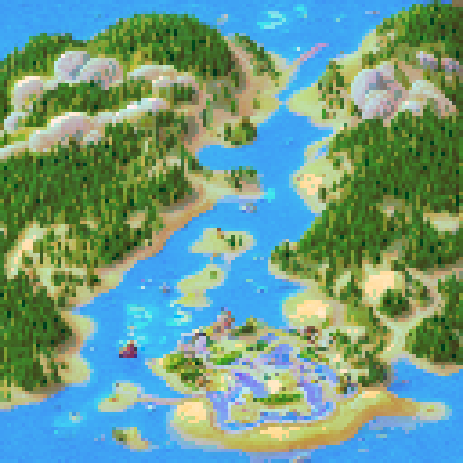 make a world map simular to super mario with a mountin in the left connor and a island that is sorrunded by water in the middle with a castle at the right connor of the island with black chess peices sarounding the island and on top of it with a bridges to smaller islands and rocks in the water with the mountin having a trail going to the top of it and there being lightning and storm clouds around it with paths to go like super mario
